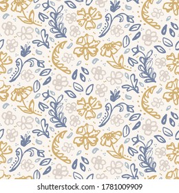 Seamless french farmhouse linen printed floral damask background. Provence blue gray linen pattern texture.