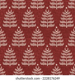 Seamless french farmhouse linen printed winter damask red background. Provence blue gray linen pattern texture. Shabby chic style festive snowy christmas