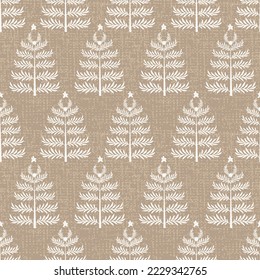 Seamless french farmhouse linen printed winter damask beige background. Provence blue gray linen pattern texture. Shabby chic style festive snowy christmas