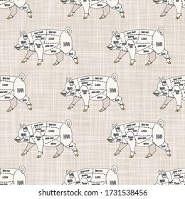 Seamless French Farmhouse Pig Butcher Chart Pattern. Farmhouse Linen Shabby Chic Style. Hand Drawn Rustic Texture Background. Country Farm Kitchen Design. Pork Meat Cut Textile All Over Print