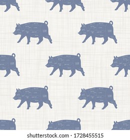 Seamless french farmhouse pig charcuterie butcher pattern. Farmhouse linen shabby chic style. Hand drawn rustic texture background. Country farm kitchen design. Pork meat cut textile all over print