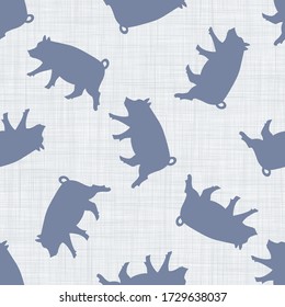 Seamless french farmhouse pig silhouette pattern. Farmhouse linen shabby chic style. Hand drawn rustic texture background. Country farm kitchen design. Pork meat cut textile all over print