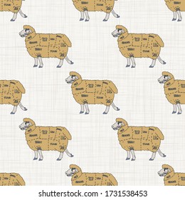 Seamless french farmhouse sheep charcuterie butcher pattern. Farmhouse linen shabby chic style. Hand drawn rustic texture background. Country farm kitchen design. Mutton meat cut textile all over.