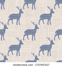 Seamless french farmhouse stag deer cut chart pattern. Farmhouse linen shabby chic style. Hand drawn rustic texture background. Country farm kitchen design. Venison meat cut textile all over print.