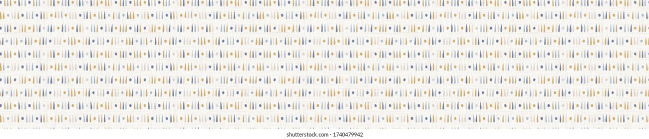 Seamless french farmhouse stripe border pattern. Provence blue linen shabby chic style. Hand drawn texture. Yellow blue banner background. Modern textile ribbon trim