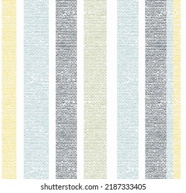 Seamless french farmhouse stripe border pattern. Provence green with blue linen shabby chic style. Hand drawn texture. Yellow blue banner background. Modern textile ribbon trim