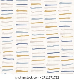 Seamless french farmhouse stripe pattern. Provenc blue linen shabby chic style. Hand drawn texture. Yellow blue background. Interior wallpaper home decor swatch. Modern retro textile all over print