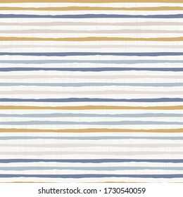 Seamless french farmhouse stripe pattern. Provence blue linen shabby chic style. Hand drawn texture. Yellow blue background. Doodle line wallpaper home decor swatch. Modern textile all over print