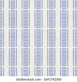 Seamless french farmhouse style woven linen stripe texture. Ecru flax blue hemp fiber. Natural pattern background. Organic yarn close up weave fabric for kitchen towel material. Striped textured cloth
