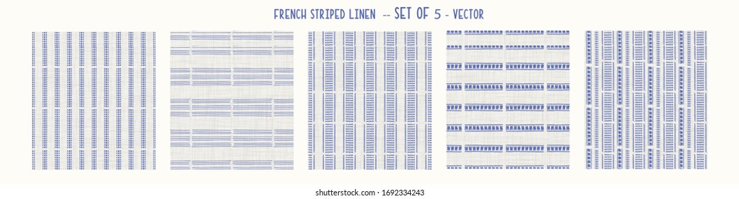 Seamless French Farmhouse Style Woven Linen Stripe Texture. Ecru Flax Blue Hemp Fiber. Natural Pattern Background. Organic Yarn Closeup Weave Fabric For Kitchen Towel Material. Striped Set Of 5 
