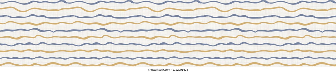 Seamless french farmhouse wavy stripe border pattern. Provence linen shabby chic style banner. Hand drawn rustic texture. Yellow blue background. Interior edging bordure. Striped textile ribbon trim