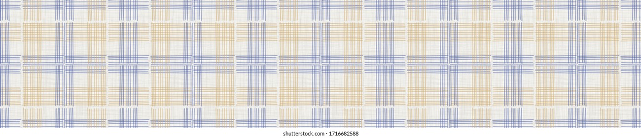 Seamless french farmhouse woven check stripe border pattern. Provence linen shabby chic style. Hand drawn rustic textured plaid mesh. Home decor grid banner. Vintage scandi ribbon trim edging tape.