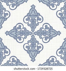 Seamless french fleur de lis medallion pattern . Linen shabby chic style. Hand drawn damask texture. Antique blue  background. Farmhouse country home decor swatch. Ornate flourish all over print
