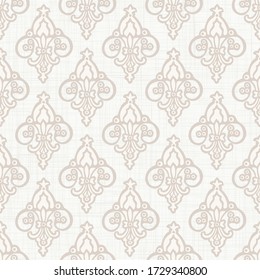 
Seamless french fleur de lis medallion pattern . Linen shabby chic style. Hand drawn damask texture. Antique blue  background. Farmhouse country home decor swatch. Ornate flourish all over print