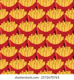 Seamless french fries background. Fast food. A delicious salty snack in a red cardboard box. Isolated vector illustration for design and web.