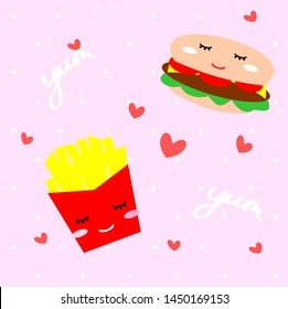 Seamless. French fries and hamburger icon on pink background with white dot and red heart. Food and dessert concept. Background and texture. Vector.