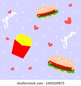 Seamless. French fries and hamburger icon on blue background with white dot and red heart. Food and dessert concept. Background and texture. Vector.