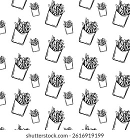 Seamless French Fries Pattern – Hand Drawn Black and White Fast Food Illustration