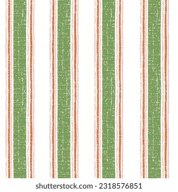 Seamless french green red farmhouse style stripes texture. Woven linen cloth pattern background. Line striped closeup weave fabric for kitchen towel material. Pinstripe fiber picnic table cloth