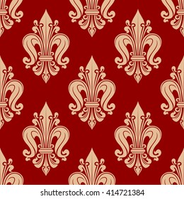 Seamless french heraldic background with red and pink pattern of decorative fleur-de-lis ornament. Heraldry concept or vintage interior design usage