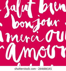 Seamless French inscriptions. Love, thank you, hello. A set of words.