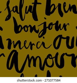 Seamless French inscriptions. Love, thank you, hello. A set of words.