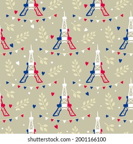 Seamless french pattern with Eiffel Tower, flags and hearts. Hand drawn Paris decor and twigs in national tricolor. Vector illustration for France, trip and adventure.