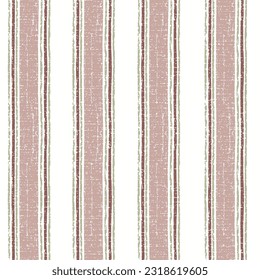 Seamless french pink brown farmhouse style stripes texture. Woven linen cloth pattern background. Line striped closeup weave fabric for kitchen towel material. Pinstripe fiber picnic table cloth