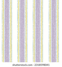 Seamless french purple yellow farmhouse style stripes texture. Woven linen cloth pattern background. Line striped closeup weave fabric for kitchen towel material. Pinstripe fiber picnic table cloth