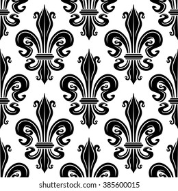 Seamless french royal lilies black and white floral pattern of ornamental fleur-de-lis elements. Use as vintage wallpaper, fabric or interior accessories design