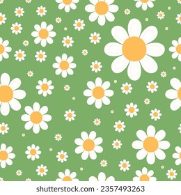 
Seamless fresh and bright white flower pattern on bright green background. Spring vector pattern with white daisy. Illustration for flyers, invitations and prints.