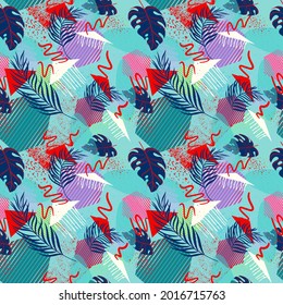 Seamless fresh exotic abstract pattern with paln leaves, monsteras, geometry elements and grunge spots for cloth, clothes, textile, texture, backgrounds