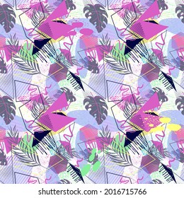 Seamless fresh exotic abstract pattern with paln leaves, monsteras, geometry elements and grunge spots for cloth, clothes, textile, texture, backgrounds