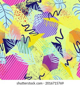 Seamless fresh exotic abstract pattern with paln leaves, monsteras, geometry elements and grunge spots for cloth, clothes, textile, texture, backgrounds