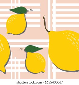 Modalidades vectoriales de cítricos de limón fresco y sin fisuras sobre fondo rayado. Ilustración hecha a mano con limones y hojas. Colorida colección de papel pintado. Ilustración decorativa, adecuada para impresión