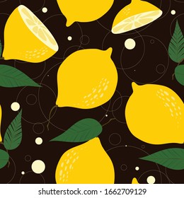 Seamless fresh lemon citrus vector patterns isolated on dark background. Hand-drawn vector illustration with lemons and leaves. Colorful wallpaper collection suitable for printing.
