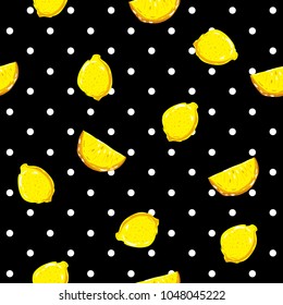 Seamless fresh lemon pattern with colorful summer on polka dots .vector background.Textile texture on black and white dots  background.