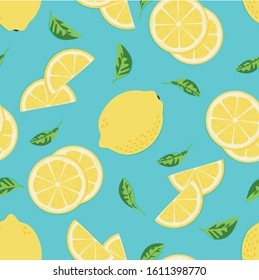 Seamless Fresh Lemons and Lemon Slices on a Blue Background