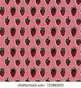 Seamless fresh strawberry pattern cartoon style on a pink background hand drawing