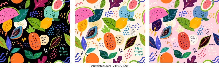 Seamless fresh summer patterns. Beautiful collection of seamless patterns with fruits: watermelon, pineapple, lemon, leaves