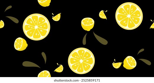 A seamless freshness lemon summer pattern isolated on black background.