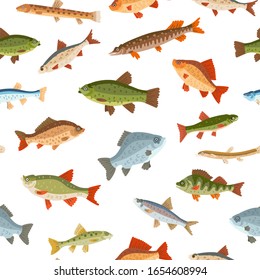 Seamless freshwater fish pattern. Vector illustration in cartoon flat style. Fishing sport, seafood design. Background with different types of fish
