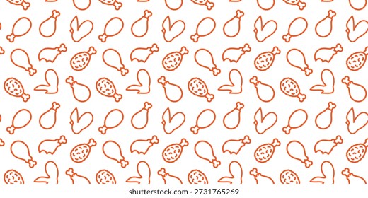 Patrón de pollo frito sin fisuras con baquetas y alas en estilo doodle de contorno. Fondo de Vector dibujado a mano para la marca de comida rápida, embalaje, menús y diseño de restaurantes.