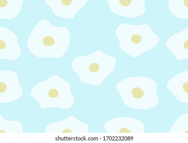 Seamless fried eggs pattern isolated on soft blue background using as breakfast and food geometric vector repeating background for textile print, page fill.