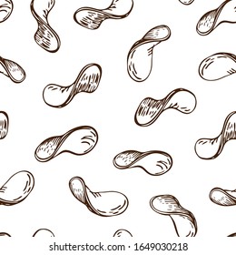 seamless fried potato chips pattern. vector sketch of crunchy delicious potato crisps slices isolated on white. engraved vintage bar food background. beer appetizer. great for package design