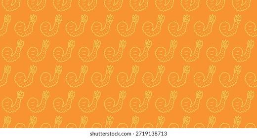 Nahtloses gebratenes Shrimp-Tempura-Muster mit Doodle-Illustrationen, perfekt für Lebensmittelverpackungen, Restaurant-Hintergründe, Menüs und Textil-Design.