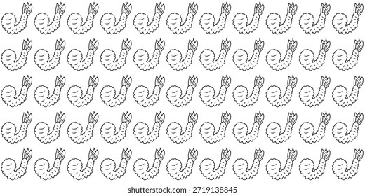 Padrão de tempura de camarão frito sem costura com ilustrações de camarão crocante estilo doodle. Fundo alimentar repetitivo adequado para design de restaurante, embalagem, menu, papel de parede e uso têxtil.