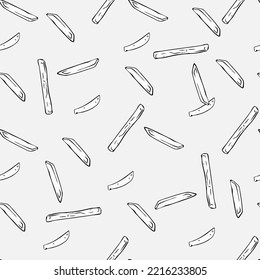 Seamless fries with potatoes. Fast food background. Vector illustration. Isolated on a white background. Savoyard style. French fries seamless pattern. Print, menu, textile, background