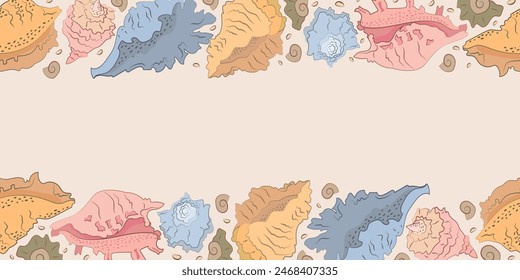  Seamless Frieze with seashells. on two sides, upper and lower. Texture with ovals and stripes. Dark blue colour. For textile, fabric, wrapping, inventation, postcard