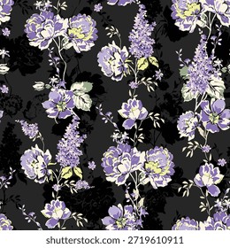 Patrón de flores sin costuras hecho de tela tradicional para la moda. Simple, adecuado para la impresión rotativa sobre un fondo oscuro. Diseño Básico de la tela del ilustrador de la fabricación 